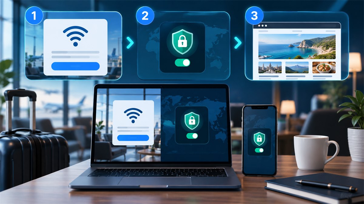 完成公共网络登录后检查VPN连接状态与网页访问的示意图