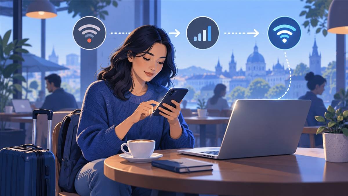 用户在出行时核对热点设备、WiFi和移动数据连接