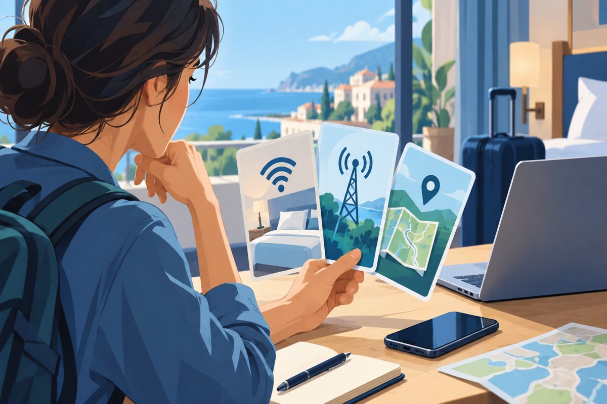 旅行中比较酒店 Wi-Fi、移动数据与离线资料的示意图