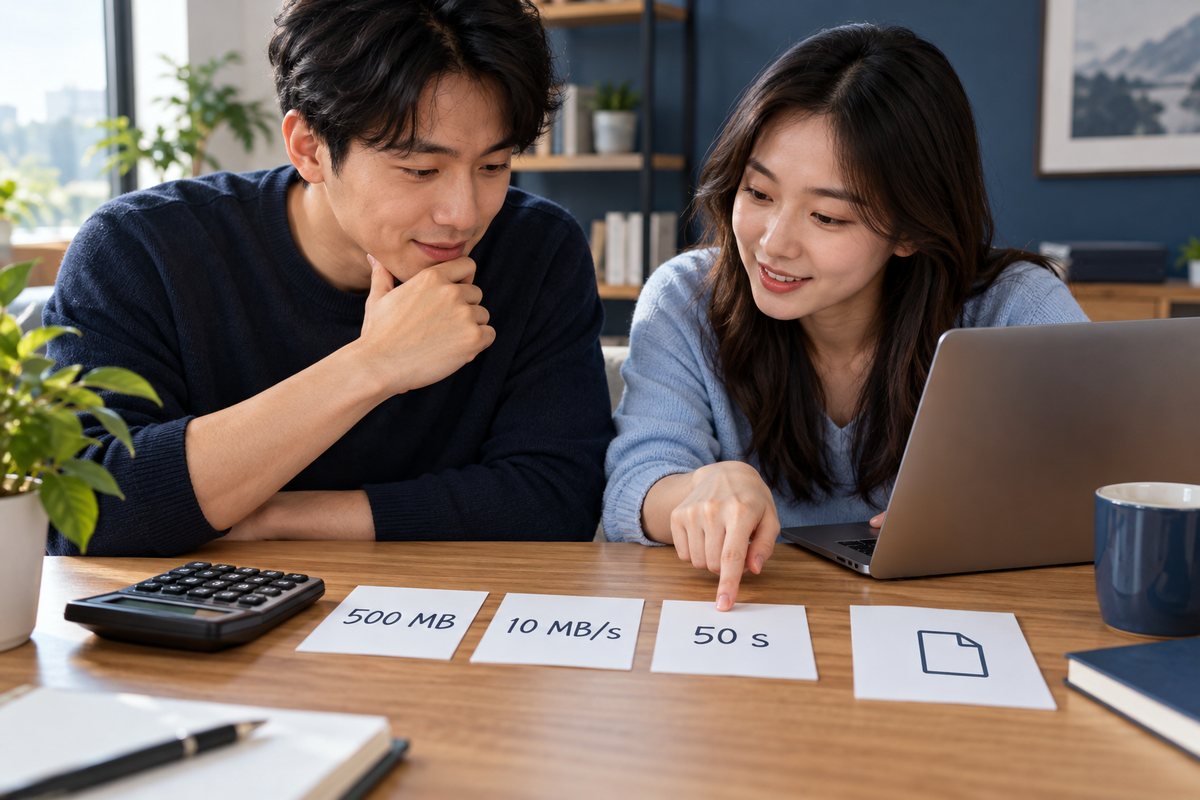 用500 MB文件和10 MB/s速率计算50秒的理想传输时间