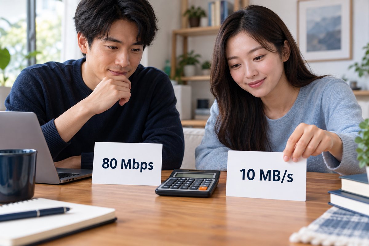 两张卡片分别显示80 Mbps和10 MB/s以说明单位换算