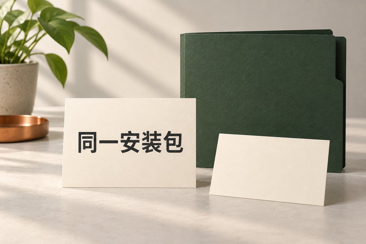 同一安装包卡片放在绿色文件夹与空白索引卡旁