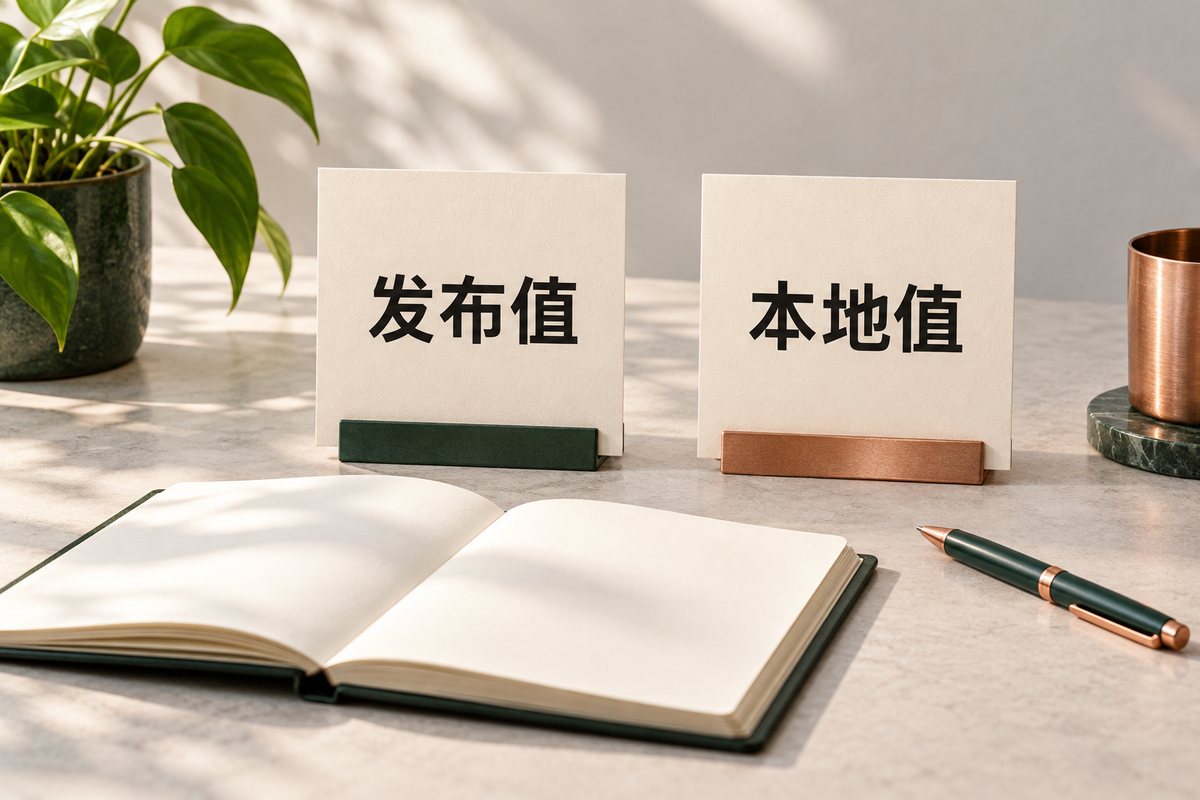 发布值与本地值两张卡片放在空白笔记本旁