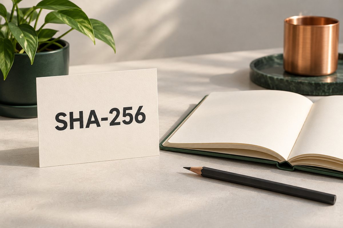 SHA-256卡片放在空白笔记本和铅笔旁