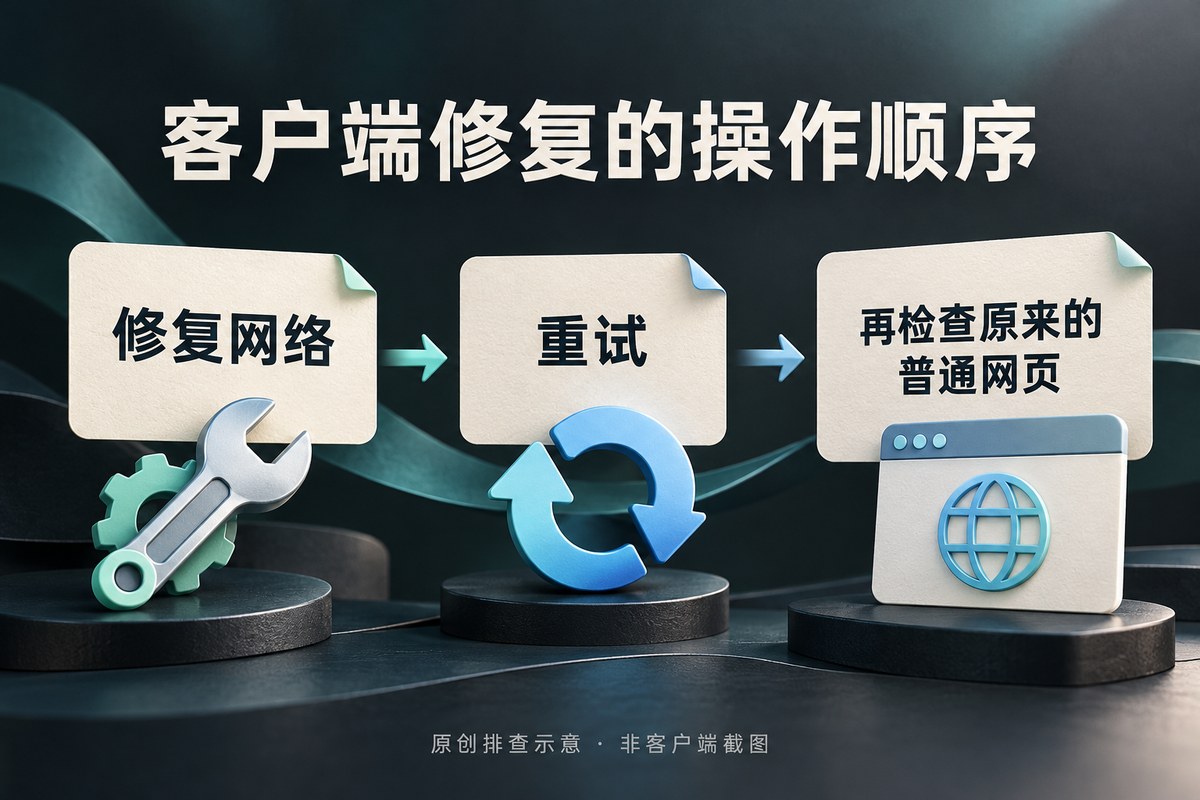黑石VPN客户端先点击修复网络再重试并检查原网页的原创操作顺序图