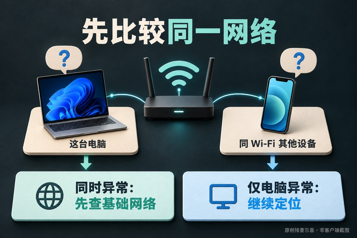 黑石VPN网络不可用时比较同Wi-Fi下电脑与其他设备联网表现的原创示意