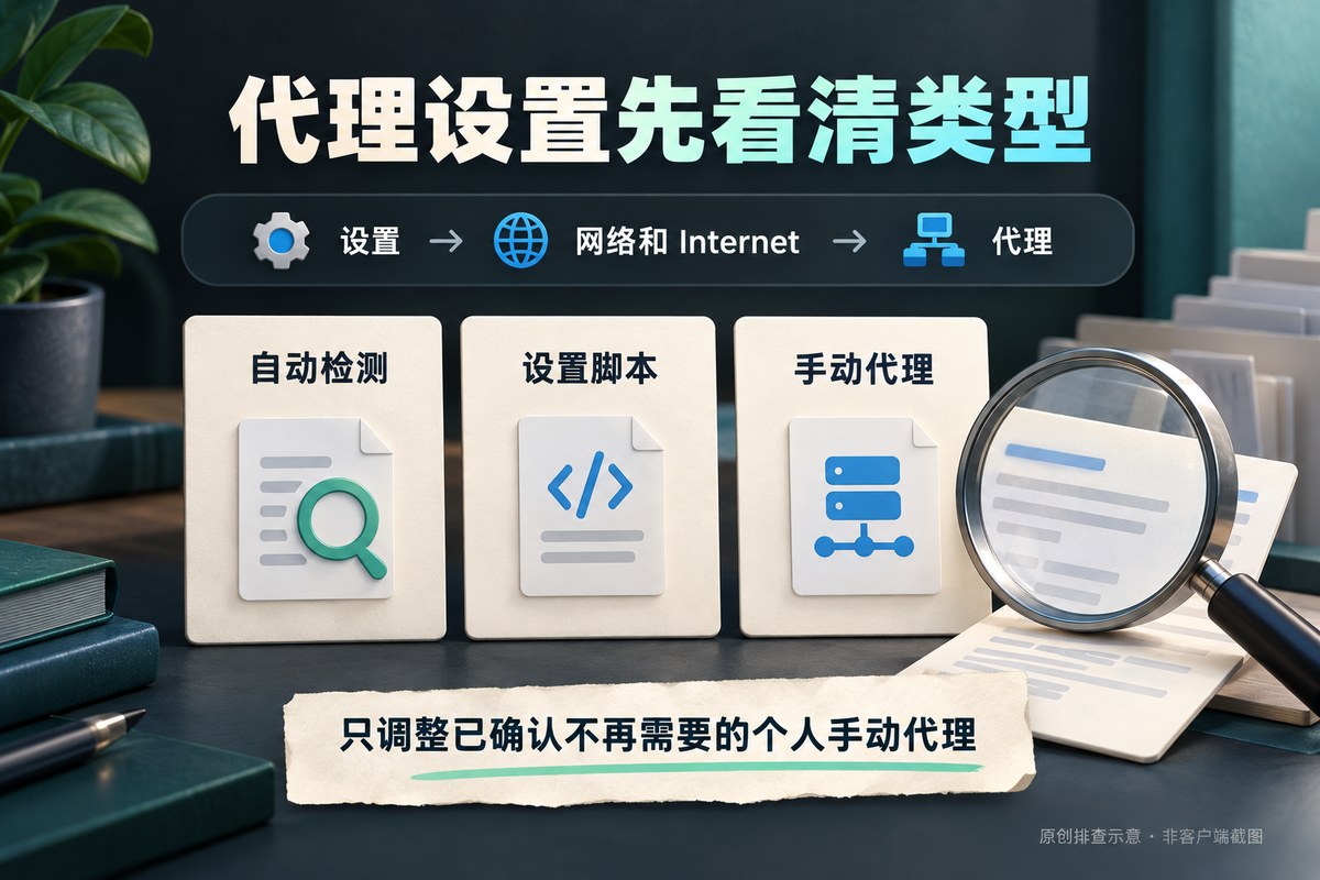 Windows代理设置中区分自动检测设置脚本和手动代理的原创核对图